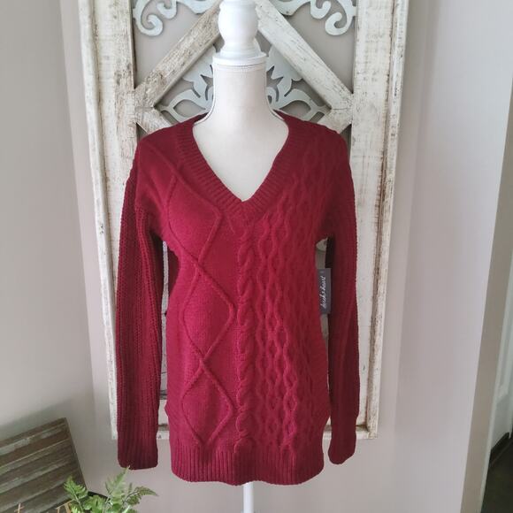 Derek Heart Women's Junior Long Sleeve Cable Knit V-Neck Sweater Cabernet - Picture 1 of 7